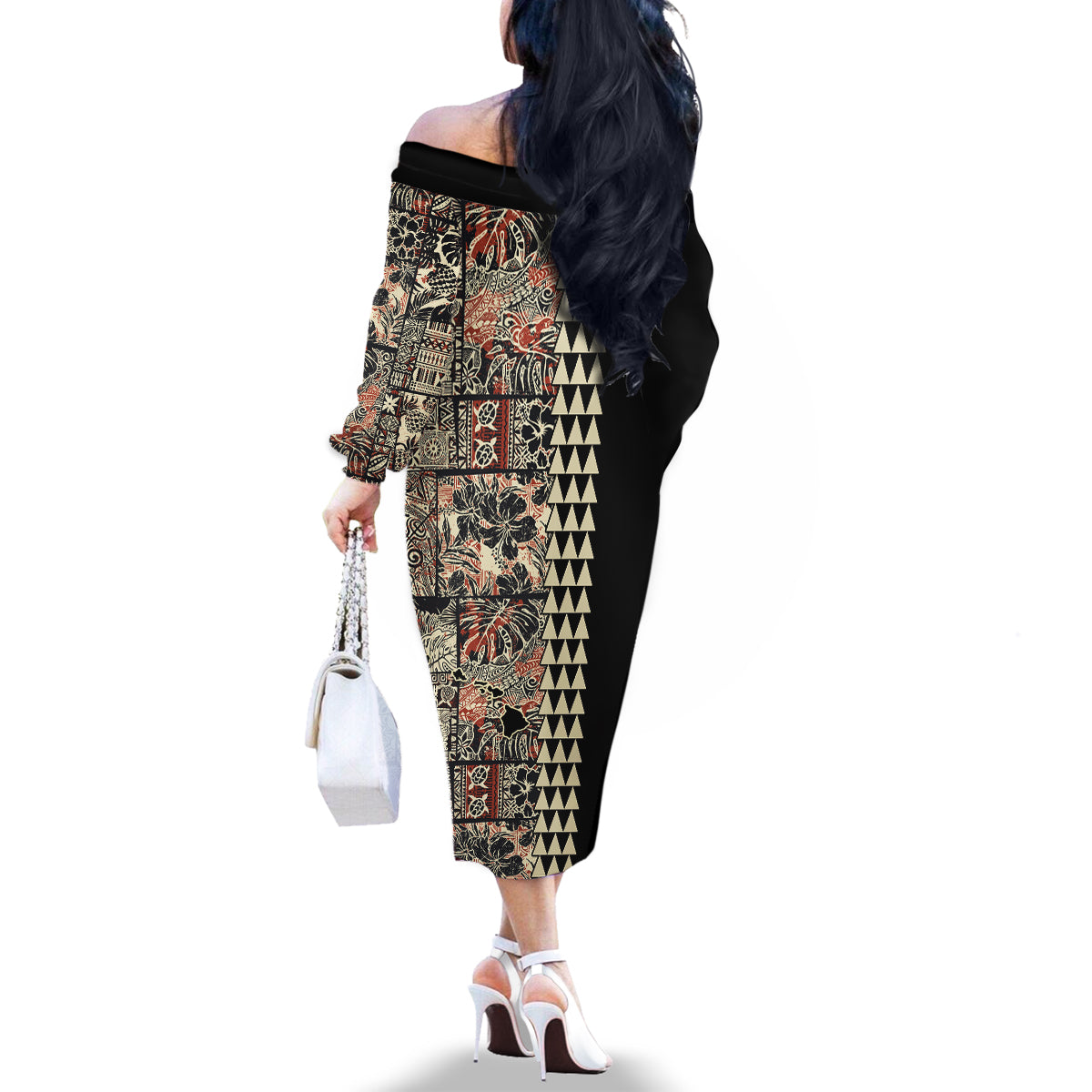 Hawaiian Quilt Family Matching Off Shoulder Long Sleeve Dress and Hawaiian Shirt Hibiscus Kakau Vintage Style LT01 - Polynesian Pride