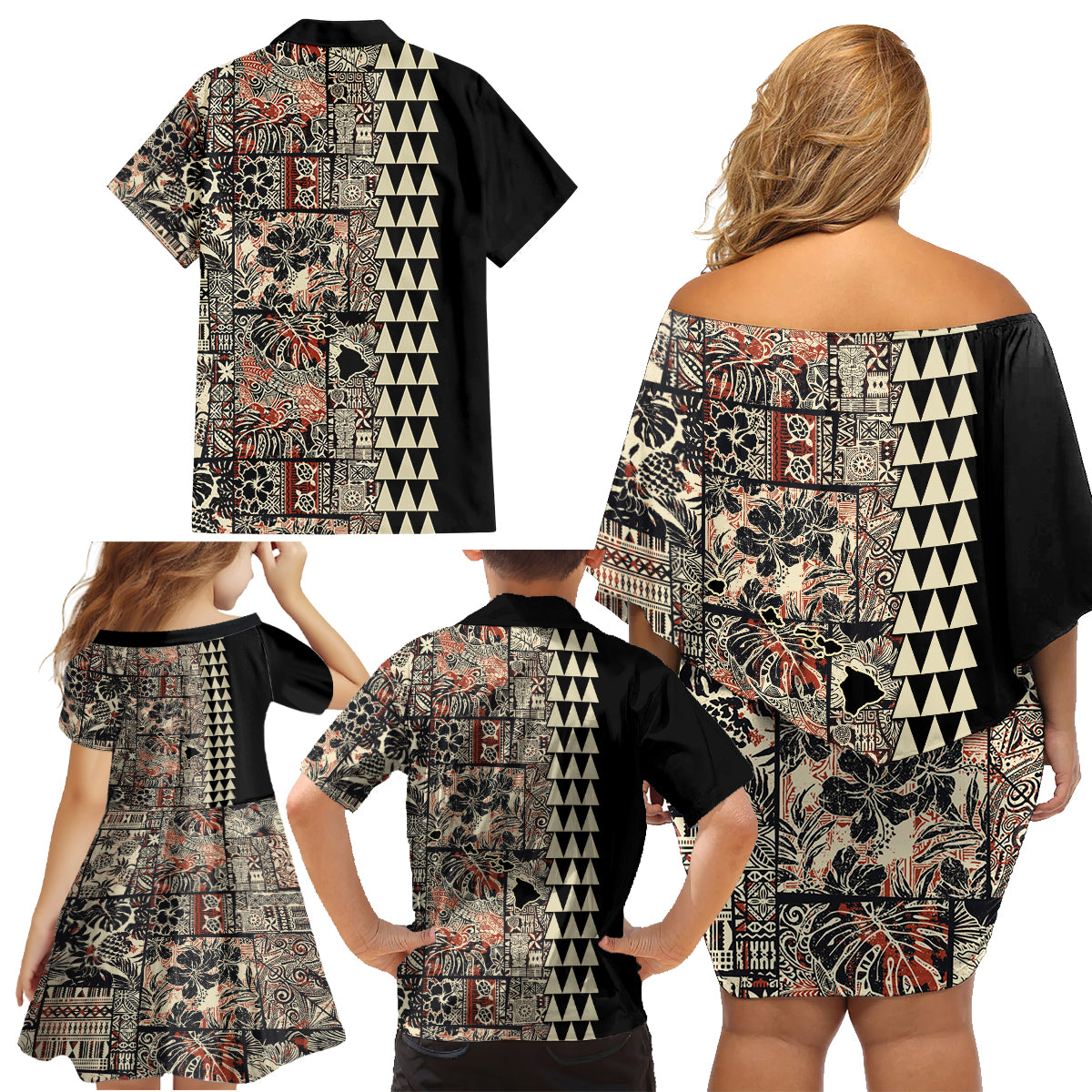 Hawaiian Quilt Family Matching Off Shoulder Short Dress and Hawaiian Shirt Hibiscus Kakau Vintage Style LT01 - Polynesian Pride