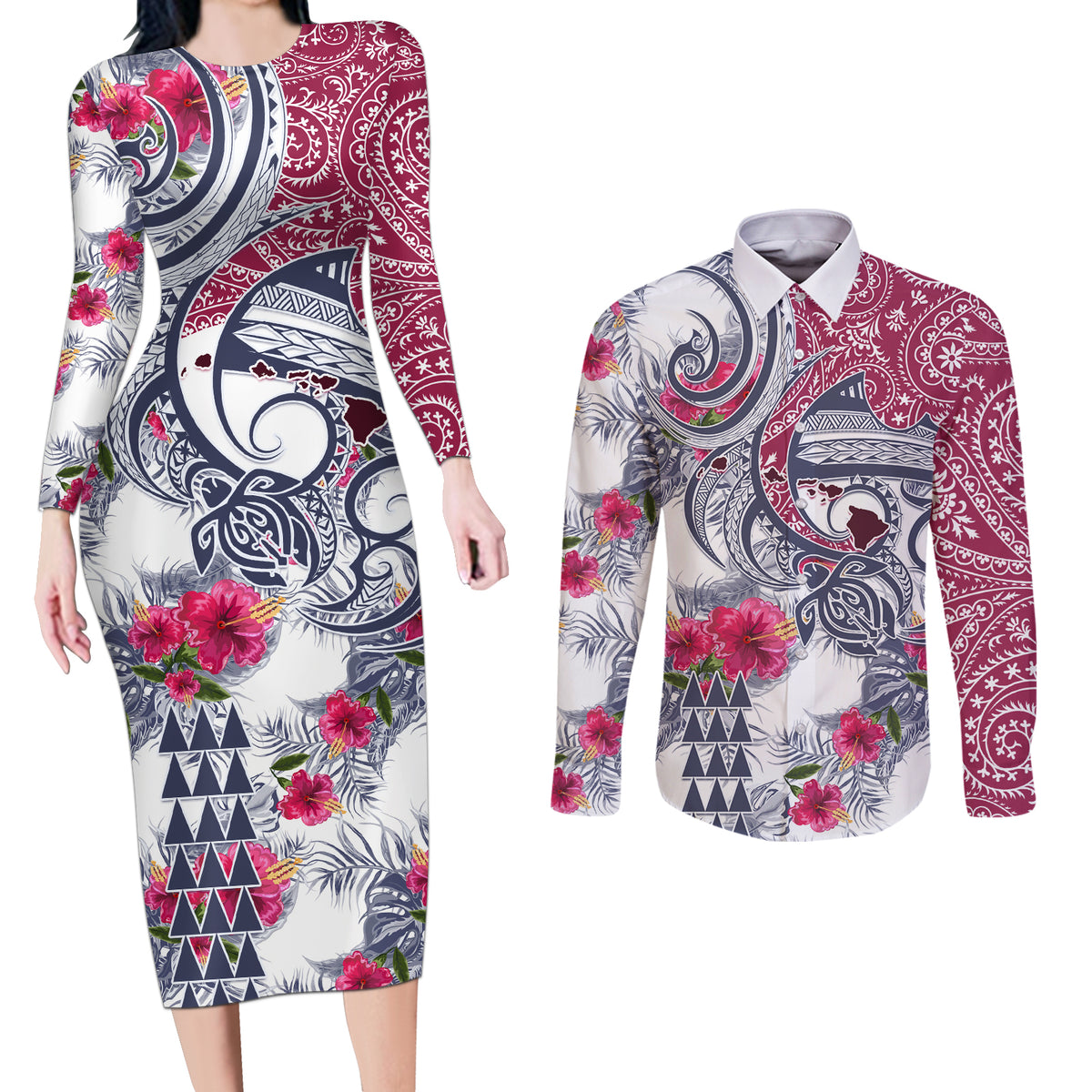Hawaii Kakau Mix Paisley Pattern Couples Matching Long Sleeve Bodycon Dress and Long Sleeve Button Shirt Polynesian Tropical Unique Style LT01 White - Polynesian Pride