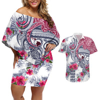 Hawaii Kakau Mix Paisley Pattern Couples Matching Off Shoulder Short Dress and Hawaiian Shirt Polynesian Tropical Unique Style LT01 White - Polynesian Pride