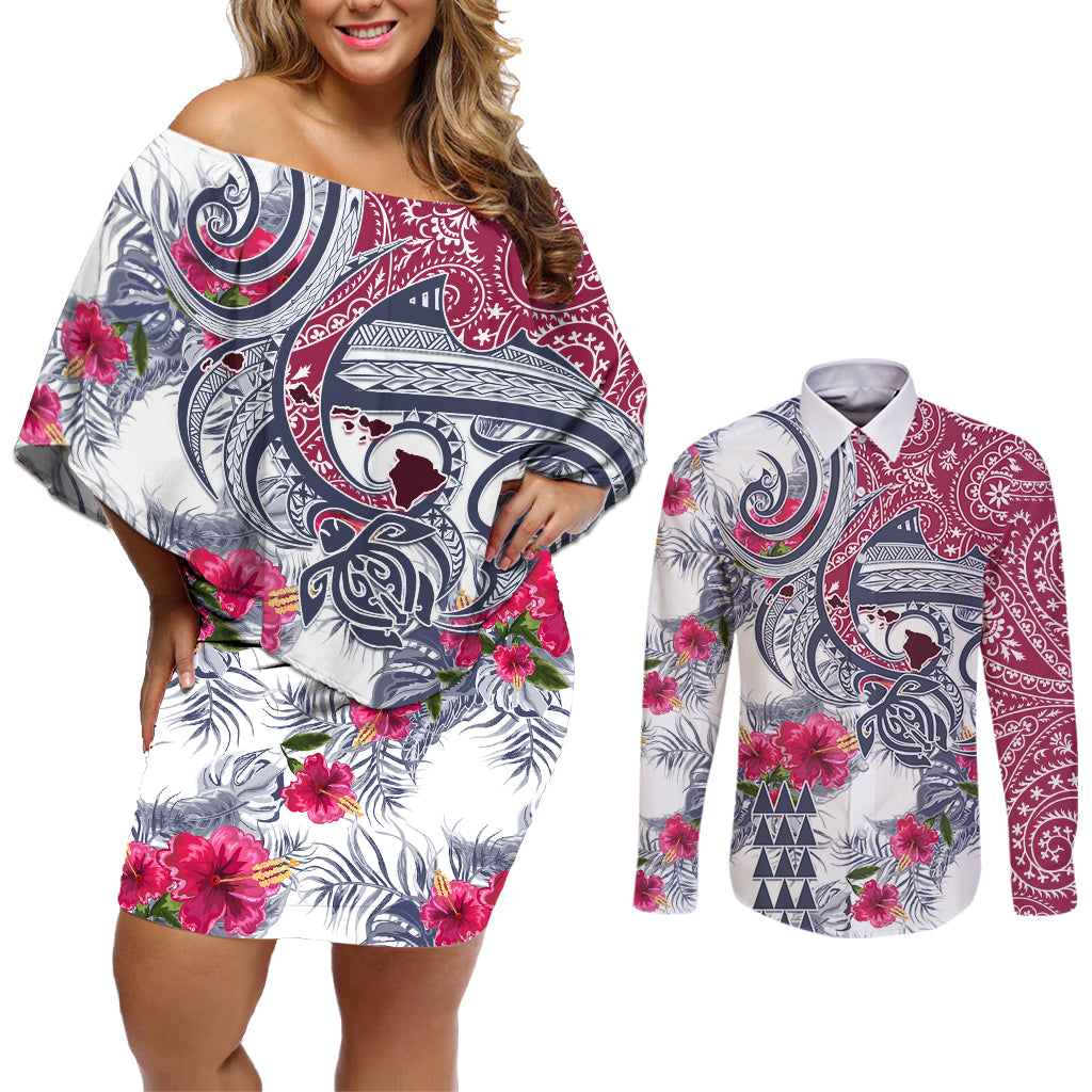 Hawaii Kakau Mix Paisley Pattern Couples Matching Off Shoulder Short Dress and Long Sleeve Button Shirt Polynesian Tropical Unique Style LT01 White - Polynesian Pride
