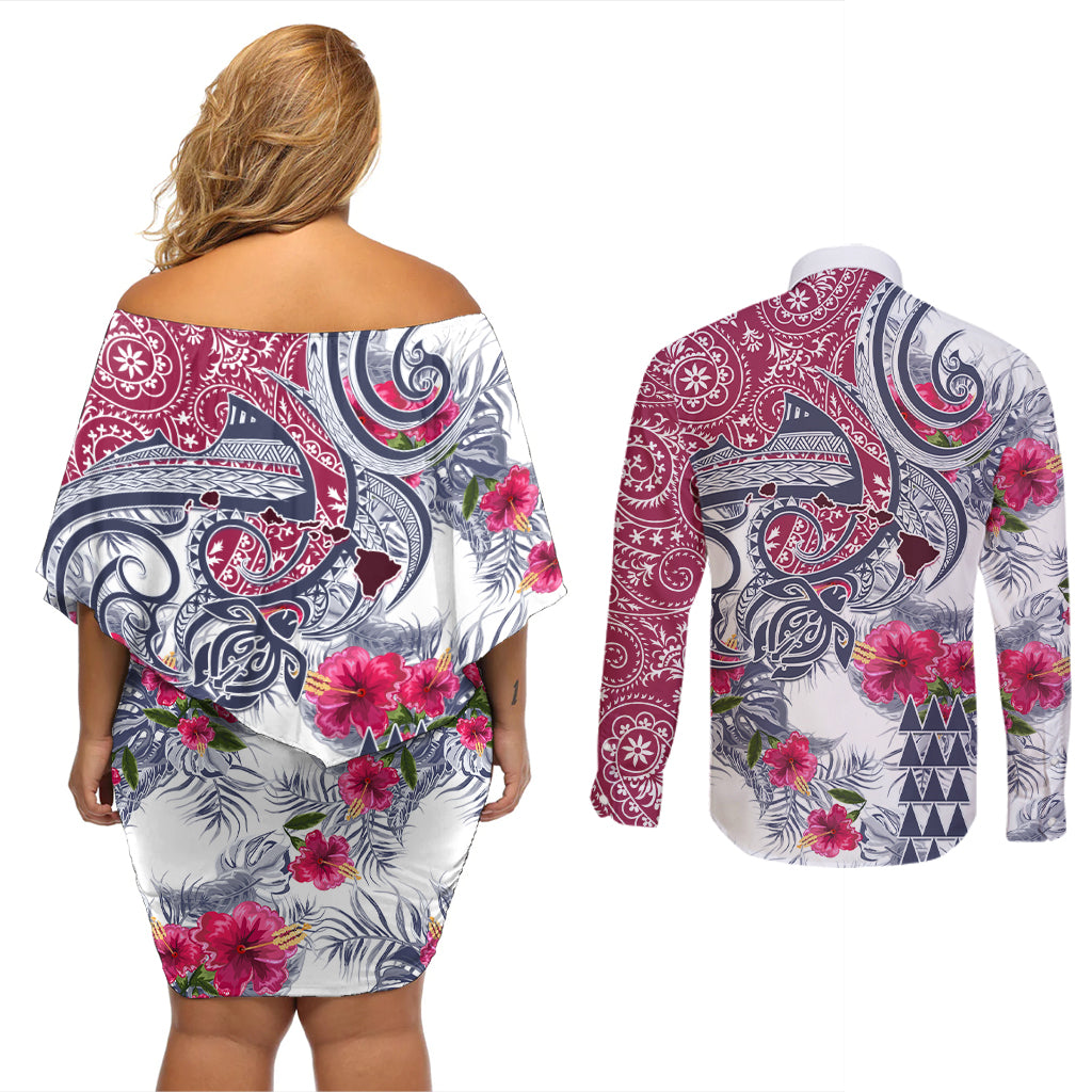 Hawaii Kakau Mix Paisley Pattern Couples Matching Off Shoulder Short Dress and Long Sleeve Button Shirt Polynesian Tropical Unique Style LT01 - Polynesian Pride