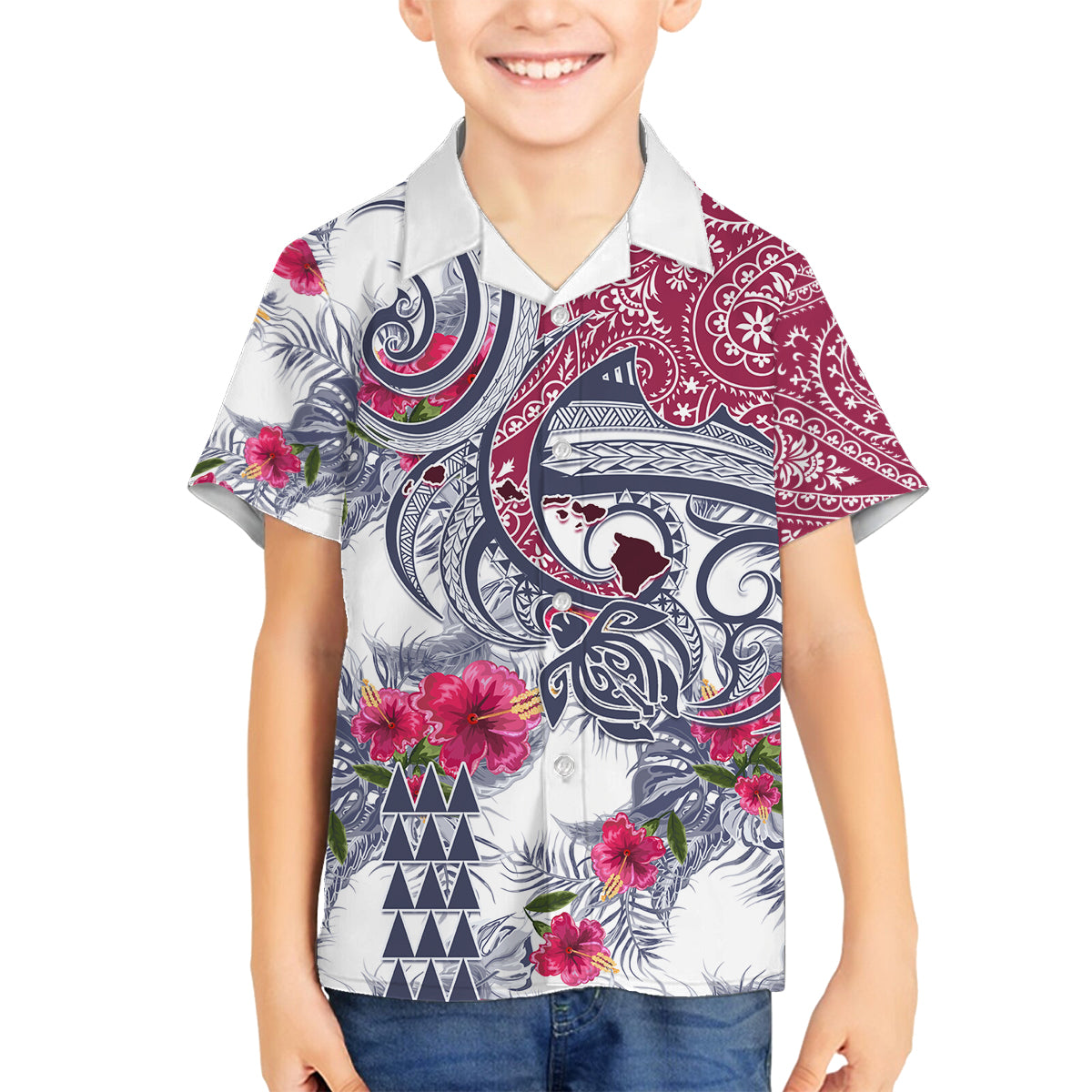 Hawaii Kakau Mix Paisley Pattern Family Matching Off Shoulder Short Dress and Hawaiian Shirt Polynesian Tropical Unique Style LT01 Son's Shirt White - Polynesian Pride