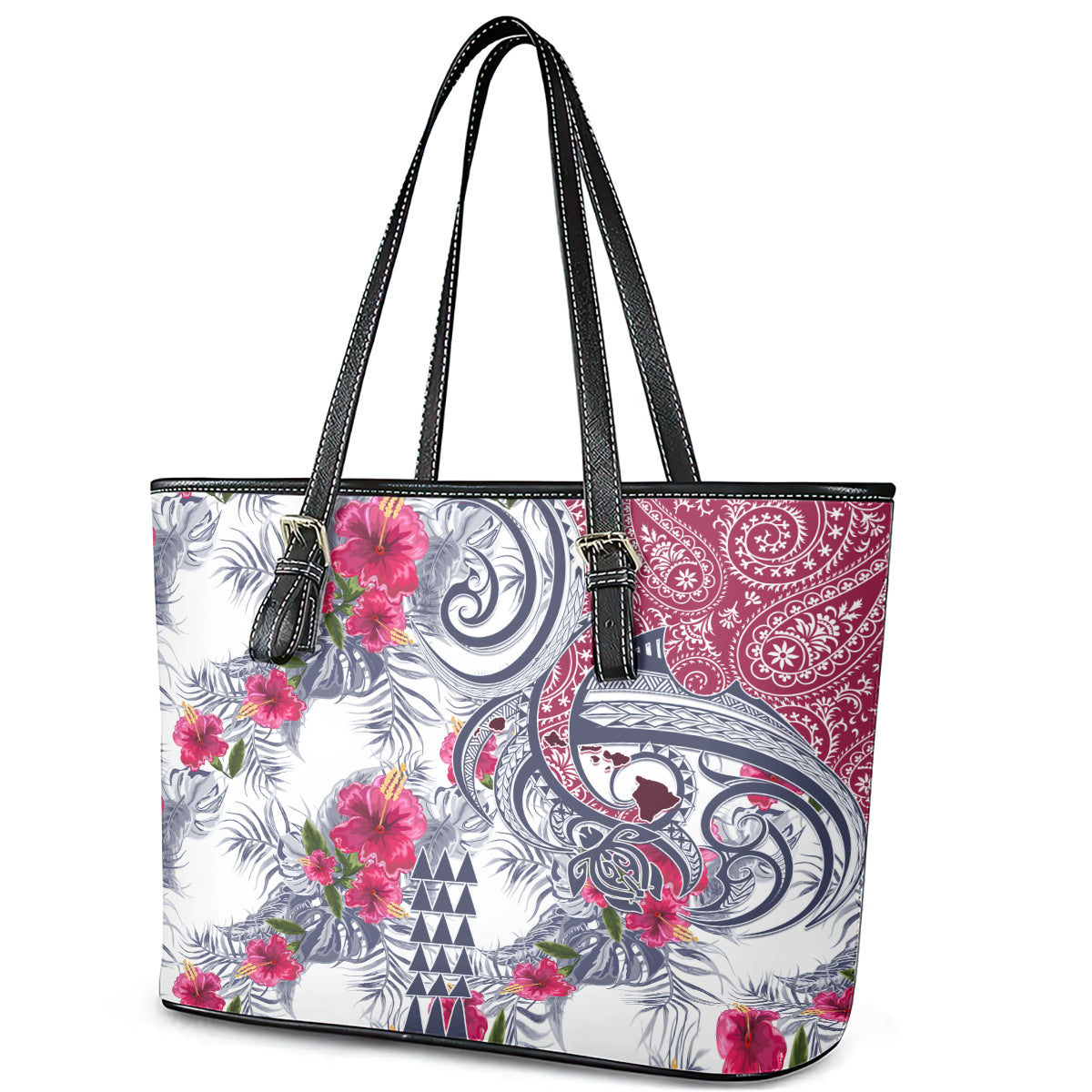 Hawaii Kakau Mix Paisley Pattern Leather Tote Bag Polynesian Tropical Unique Style LT01 - Polynesian Pride
