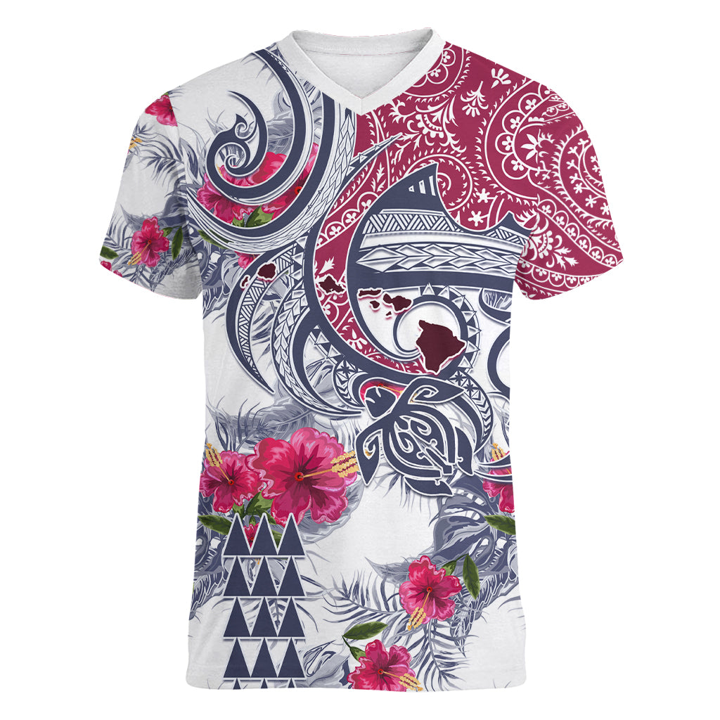 Hawaii Kakau Mix Paisley Pattern Women V Neck T Shirt Polynesian Tropical Unique Style LT01 Female White - Polynesian Pride
