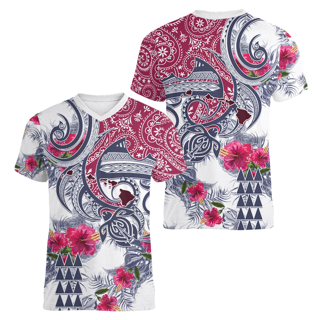 Hawaii Kakau Mix Paisley Pattern Women V Neck T Shirt Polynesian Tropical Unique Style LT01 - Polynesian Pride