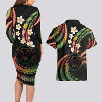 Hawaii Map Kanaka Maoli Couples Matching Long Sleeve Bodycon Dress and Hawaiian Shirt Fantastic Frangipani Reggae