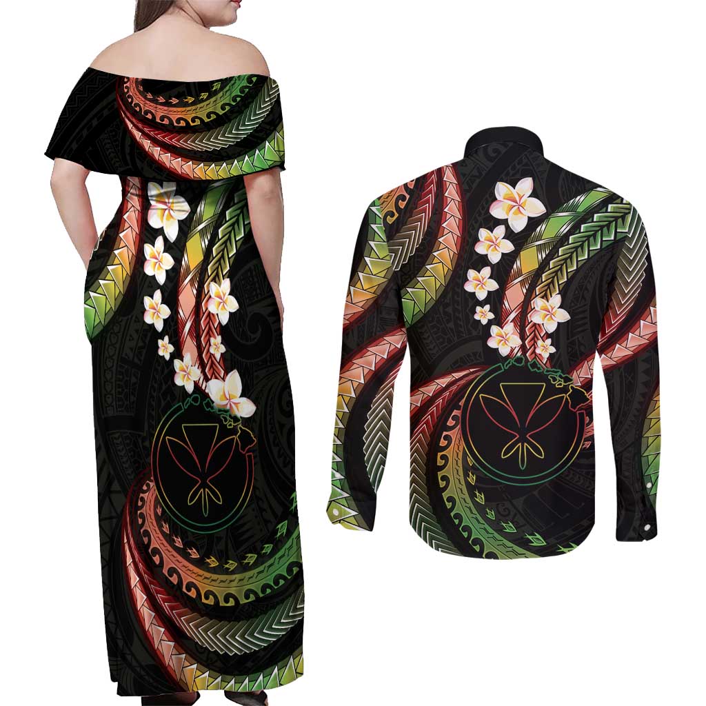Hawaii Map Kanaka Maoli Couples Matching Off Shoulder Maxi Dress and Long Sleeve Button Shirt Fantastic Frangipani Reggae