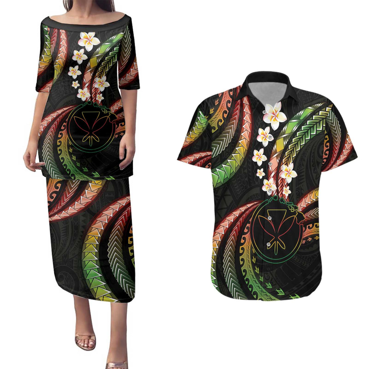 Hawaii Map Kanaka Maoli Couples Matching Puletasi and Hawaiian Shirt Fantastic Frangipani Reggae