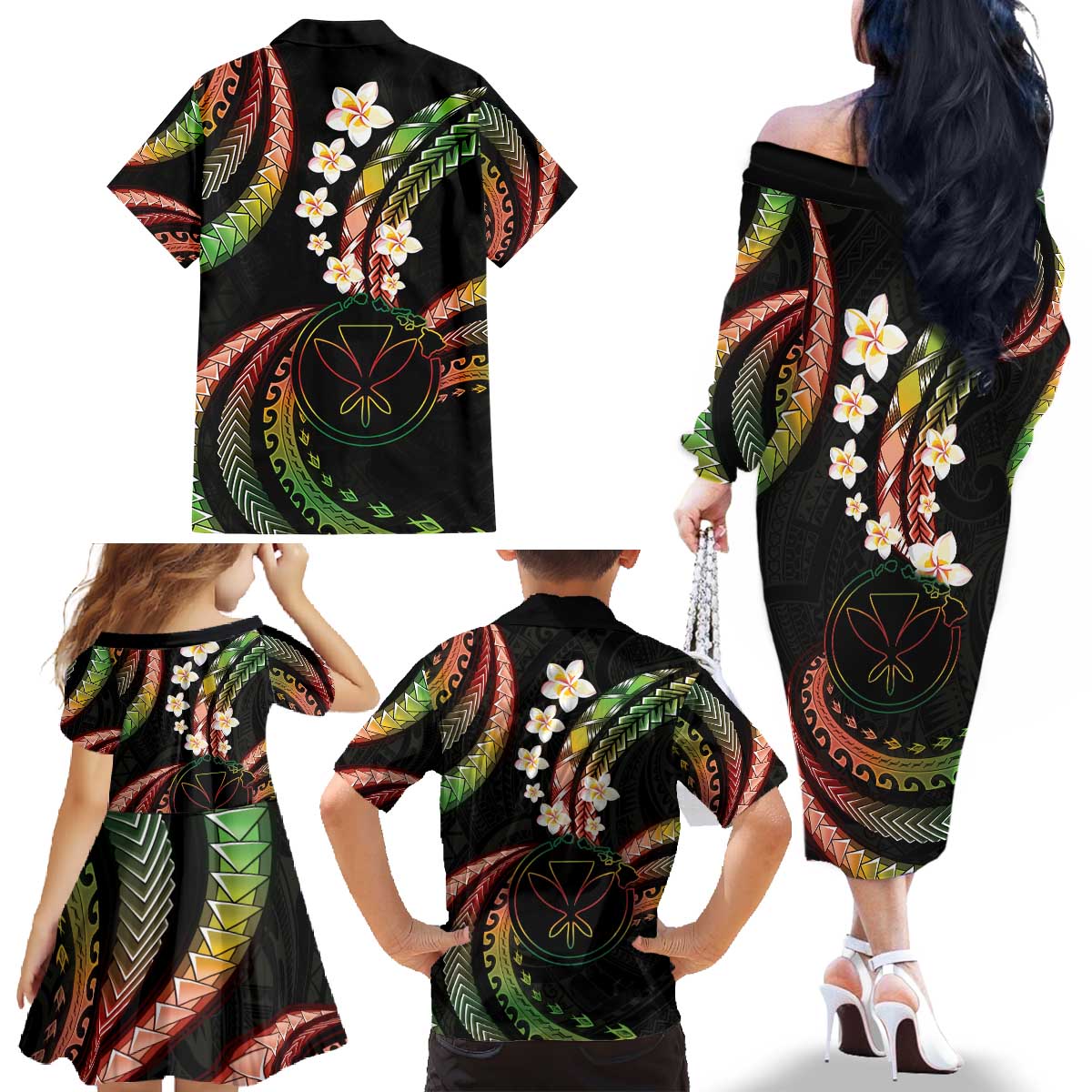 Hawaii Map Kanaka Maoli Family Matching Off The Shoulder Long Sleeve Dress and Hawaiian Shirt Fantastic Frangipani Reggae