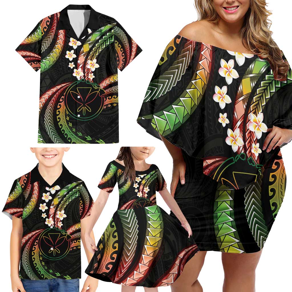 Hawaii Map Kanaka Maoli Family Matching Off Shoulder Short Dress and Hawaiian Shirt Fantastic Frangipani Reggae