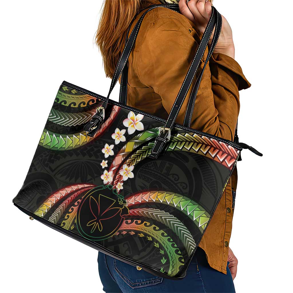 Hawaii Map Kanaka Maoli Leather Tote Bag Fantastic Frangipani Reggae