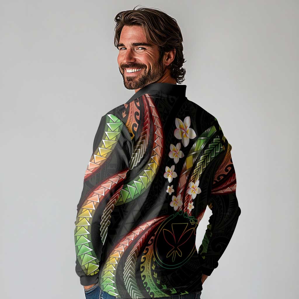 Hawaii Map Kanaka Maoli Long Sleeve Polo Shirt Fantastic Frangipani Reggae
