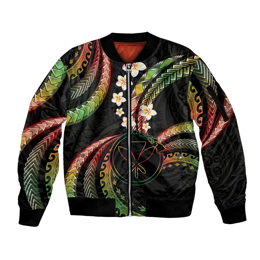 Hawaii Map Kanaka Maoli Sleeve Zip Bomber Jacket Fantastic Frangipani Reggae