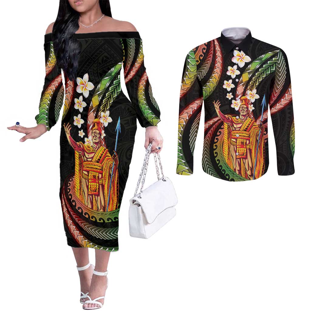 Hawaii King Kamehameha Couples Matching Off The Shoulder Long Sleeve Dress and Long Sleeve Button Shirt Fantastic Plumeria Reggae