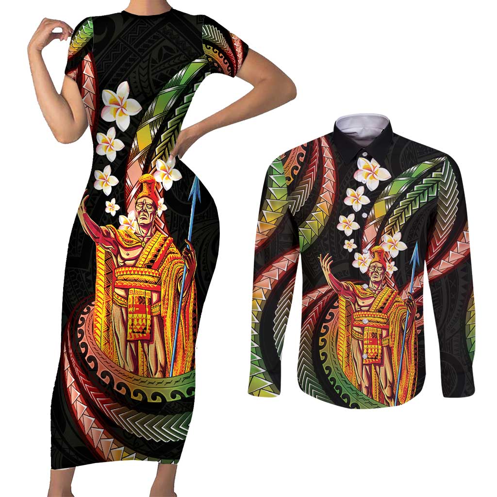 Hawaii King Kamehameha Couples Matching Short Sleeve Bodycon Dress and Long Sleeve Button Shirt Fantastic Plumeria Reggae