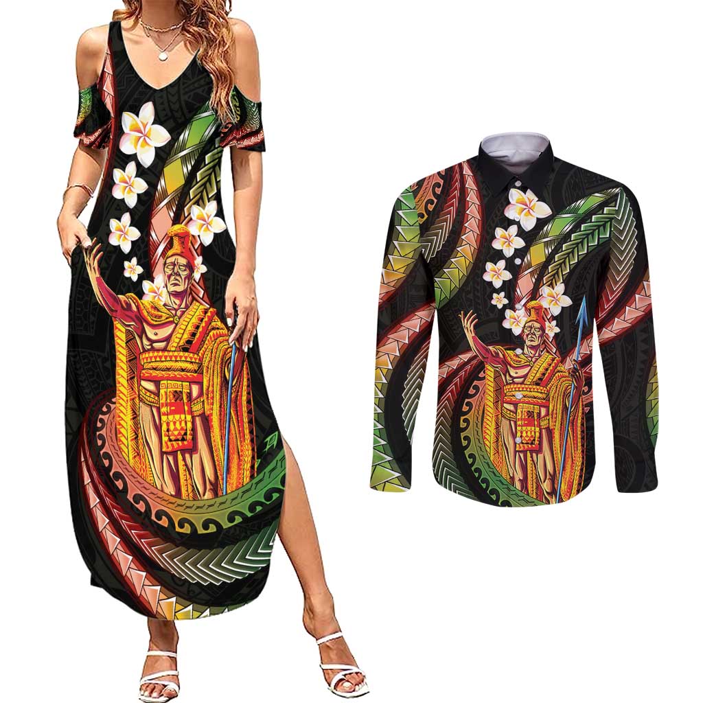 Hawaii King Kamehameha Couples Matching Summer Maxi Dress and Long Sleeve Button Shirt Fantastic Plumeria Reggae