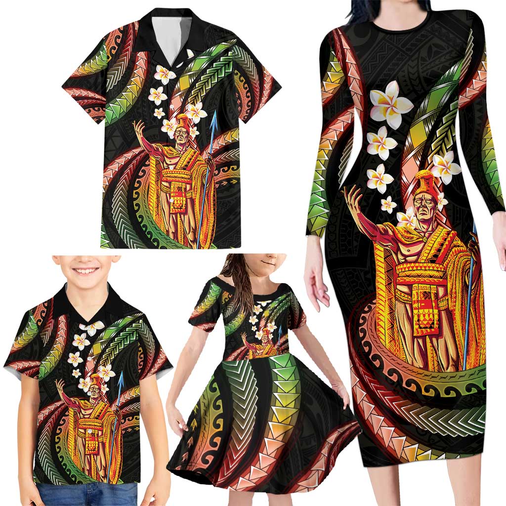 Hawaii King Kamehameha Family Matching Long Sleeve Bodycon Dress and Hawaiian Shirt Fantastic Plumeria Reggae