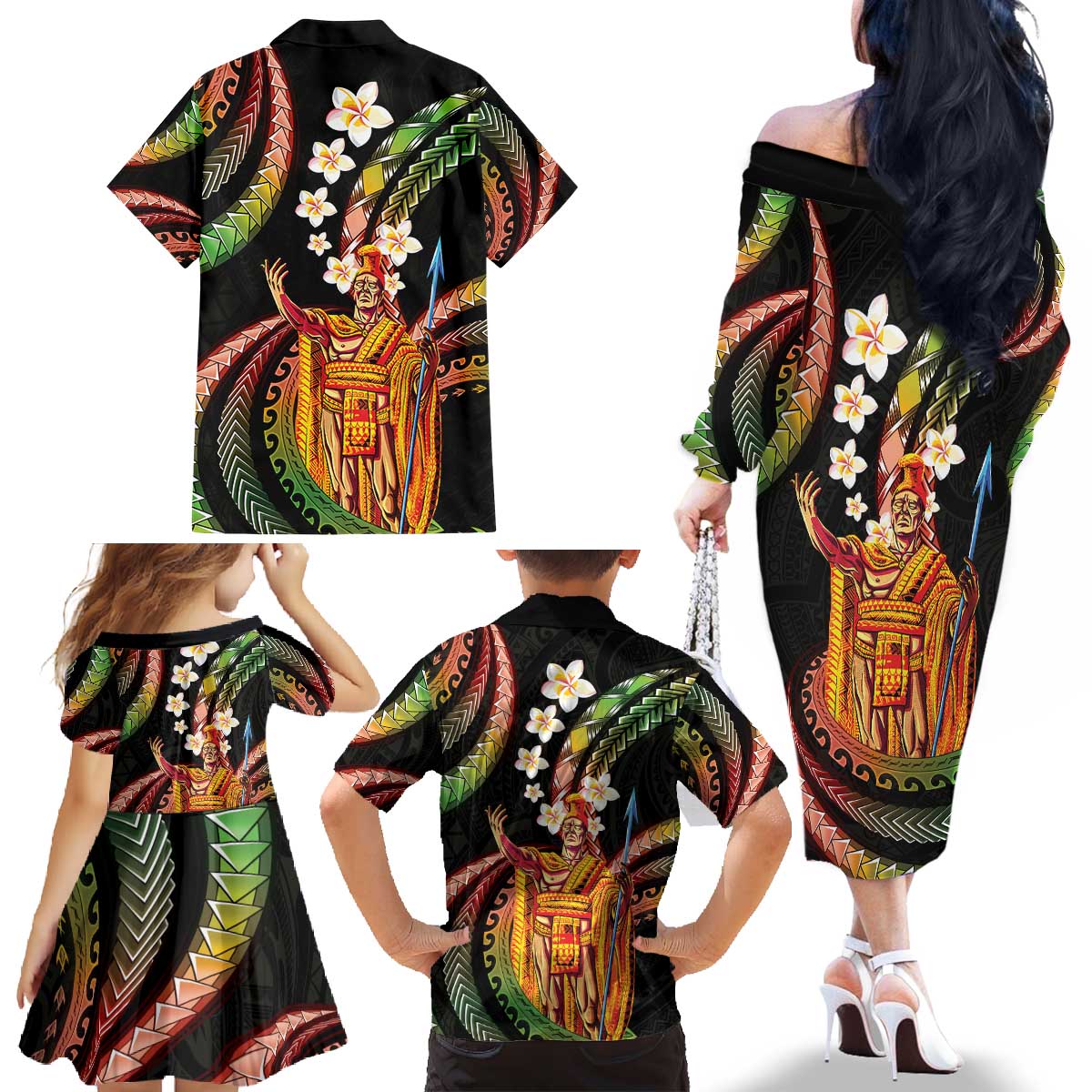 Hawaii King Kamehameha Family Matching Off The Shoulder Long Sleeve Dress and Hawaiian Shirt Fantastic Plumeria Reggae