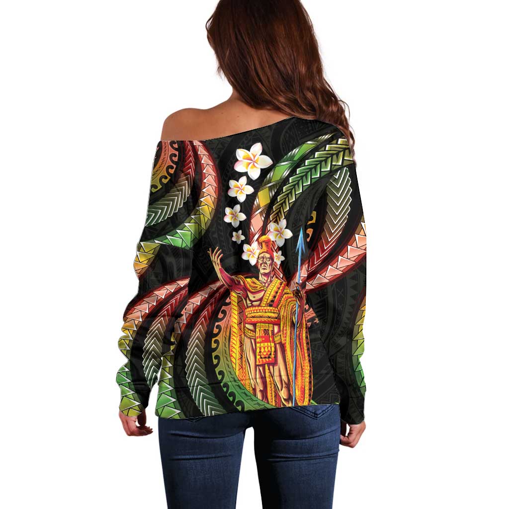Hawaii King Kamehameha Off Shoulder Sweater Fantastic Plumeria Reggae
