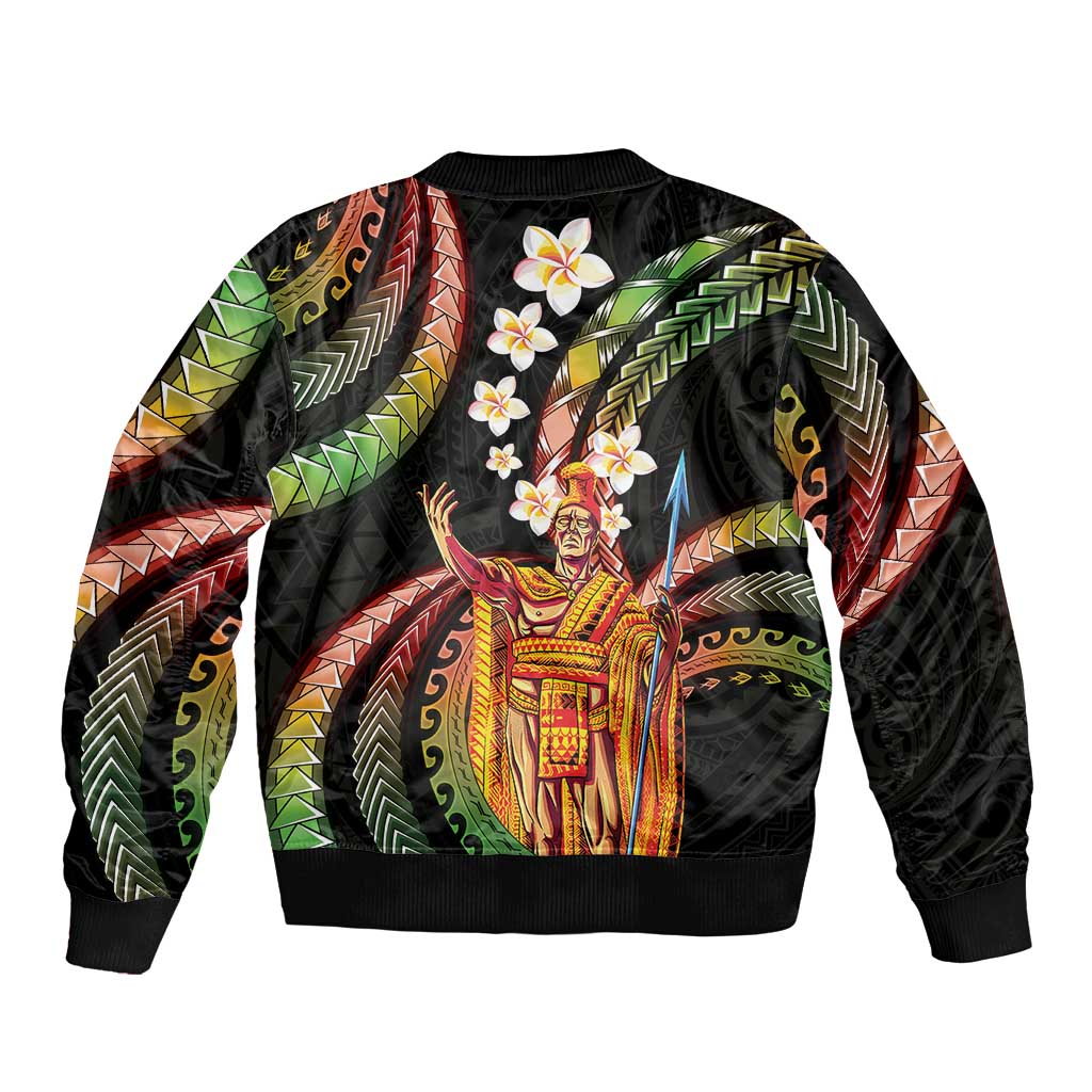 Hawaii King Kamehameha Sleeve Zip Bomber Jacket Fantastic Plumeria Reggae