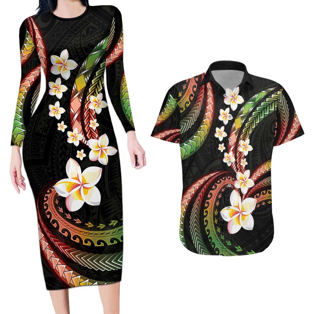 Hawaii Plumeria Reggae Couples Matching Long Sleeve Bodycon Dress and Hawaiian Shirt Polynesian Pattern