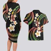 Hawaii Plumeria Reggae Couples Matching Long Sleeve Bodycon Dress and Hawaiian Shirt Polynesian Pattern