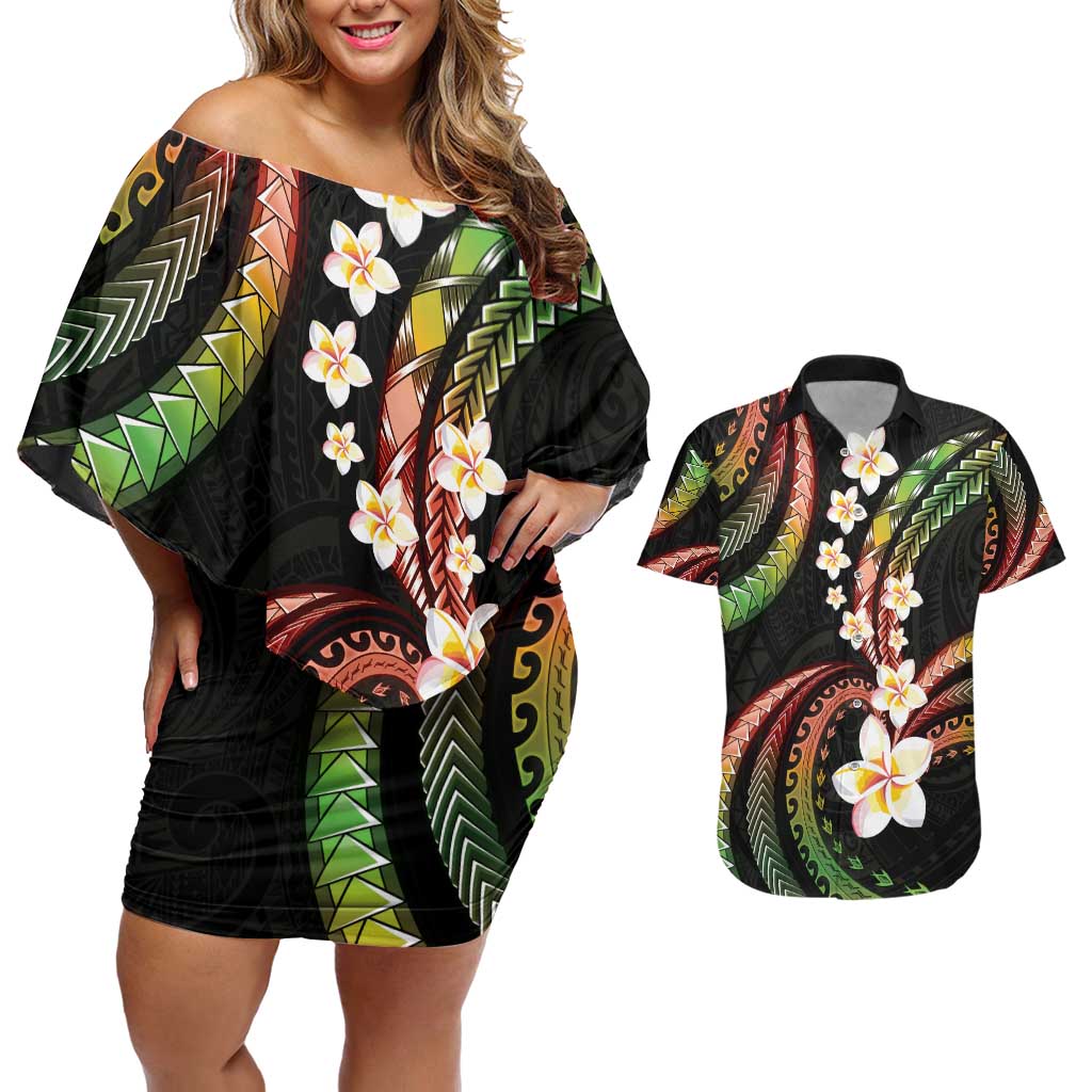 Hawaii Plumeria Reggae Couples Matching Off Shoulder Short Dress and Hawaiian Shirt Polynesian Pattern