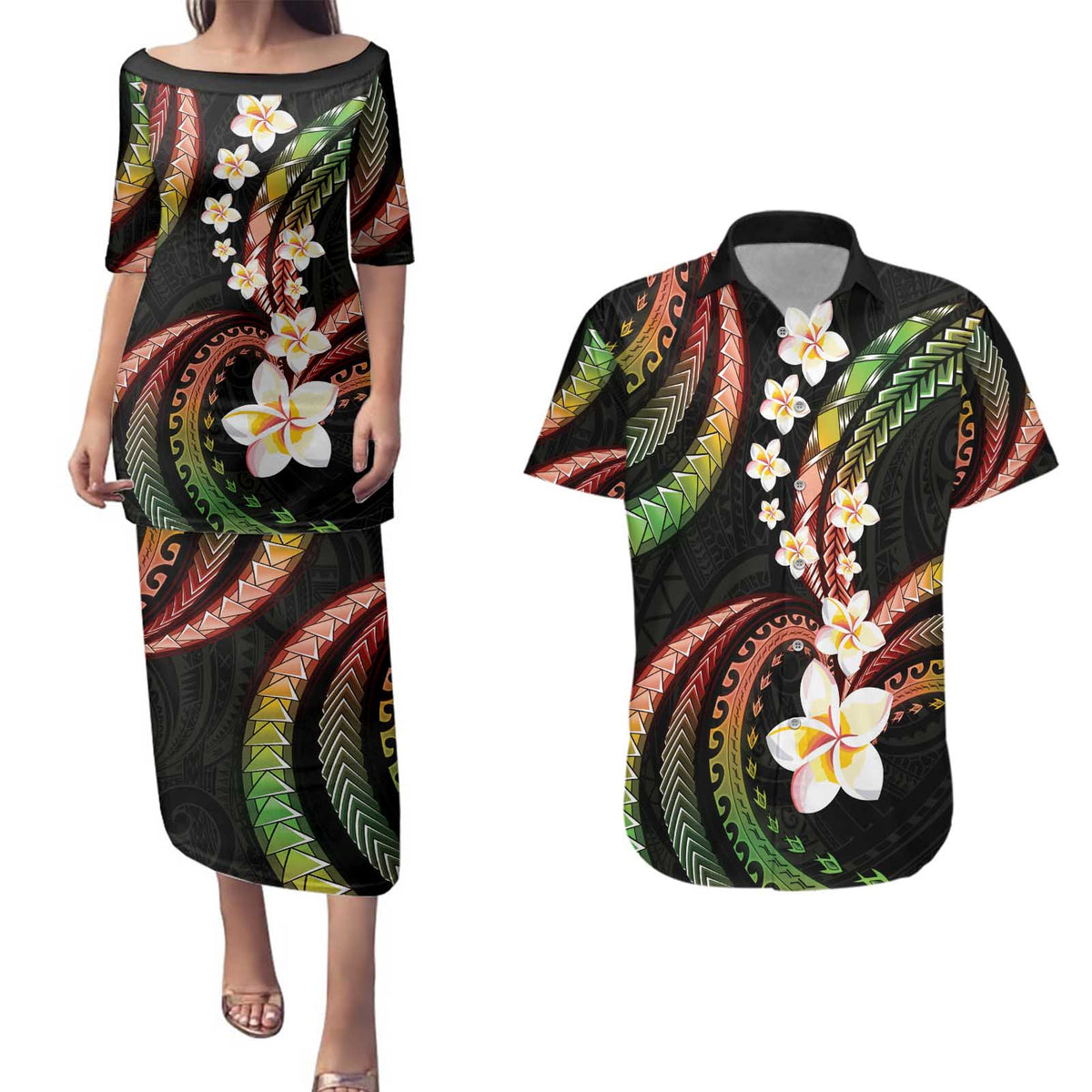 Hawaii Plumeria Reggae Couples Matching Puletasi and Hawaiian Shirt Polynesian Pattern