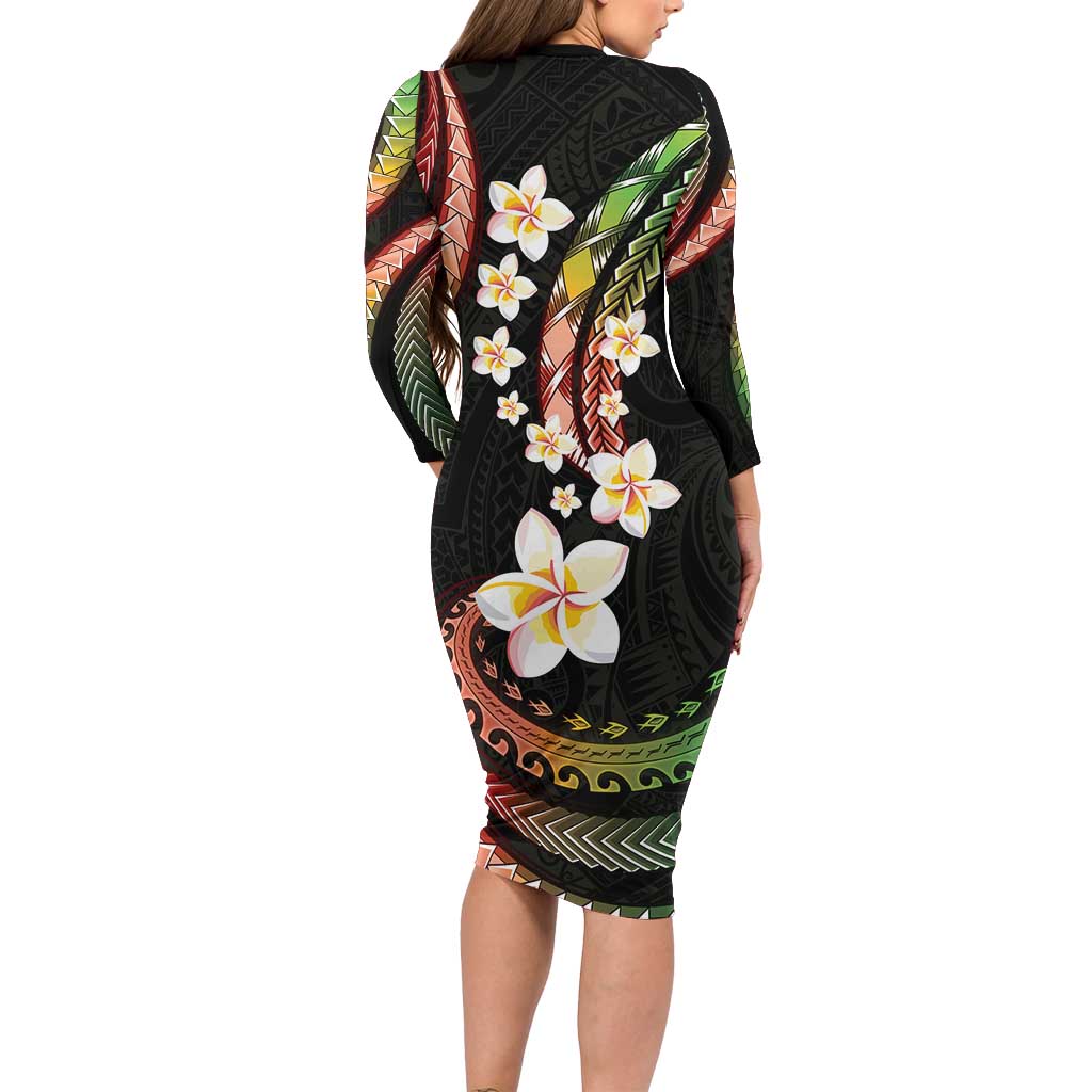 Hawaii Plumeria Reggae Family Matching Long Sleeve Bodycon Dress and Hawaiian Shirt Polynesian Pattern