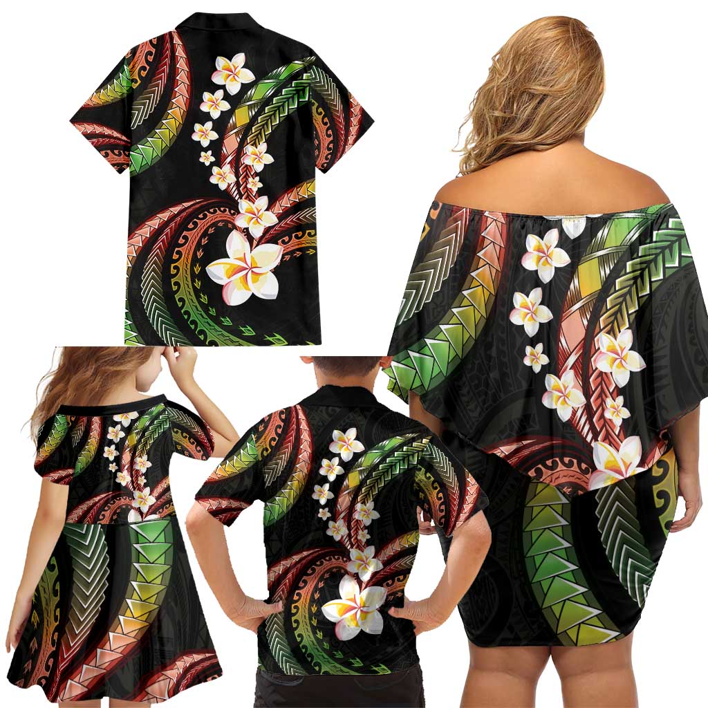 Hawaii Plumeria Reggae Family Matching Off Shoulder Short Dress and Hawaiian Shirt Polynesian Pattern