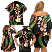 Hawaii Plumeria Reggae Family Matching Off Shoulder Short Dress and Hawaiian Shirt Polynesian Pattern