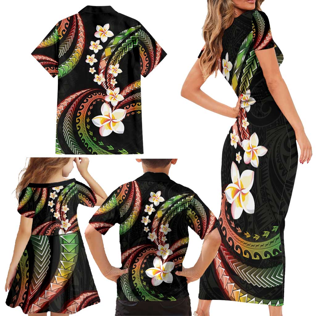 Hawaii Plumeria Reggae Family Matching Short Sleeve Bodycon Dress and Hawaiian Shirt Polynesian Pattern