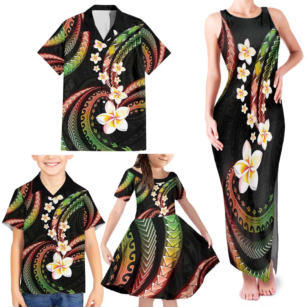 Hawaii Plumeria Reggae Family Matching Tank Maxi Dress and Hawaiian Shirt Polynesian Pattern
