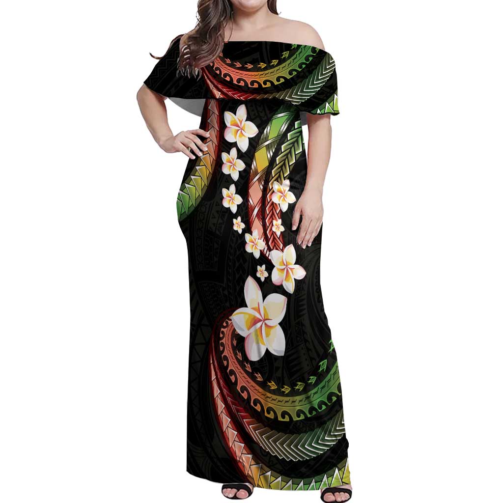 Hawaii Plumeria Reggae Off Shoulder Maxi Dress Polynesian Pattern