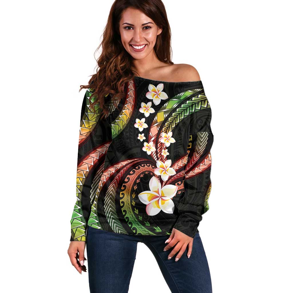 Hawaii Plumeria Reggae Off Shoulder Sweater Polynesian Pattern