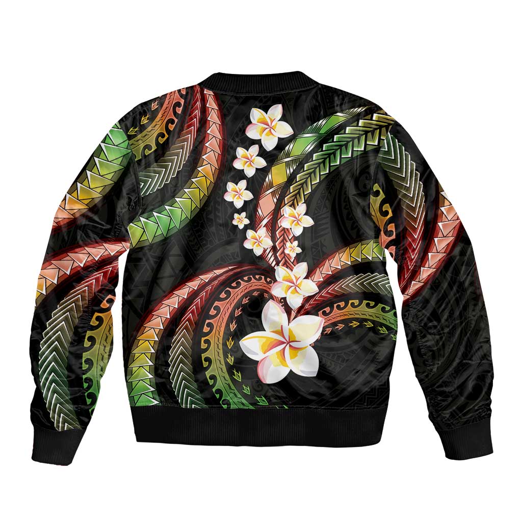 Hawaii Plumeria Reggae Sleeve Zip Bomber Jacket Polynesian Pattern