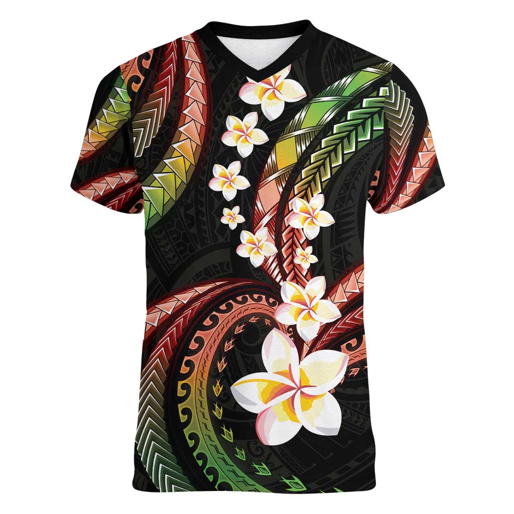 Hawaii Plumeria Reggae Women V-Neck T-Shirt Polynesian Pattern
