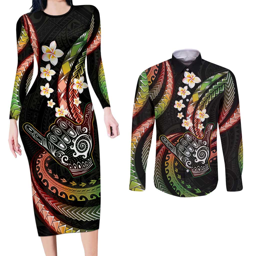 Hawaii Shaka Sign Couples Matching Long Sleeve Bodycon Dress and Long Sleeve Button Shirt Fantastic Frangipani Reggae