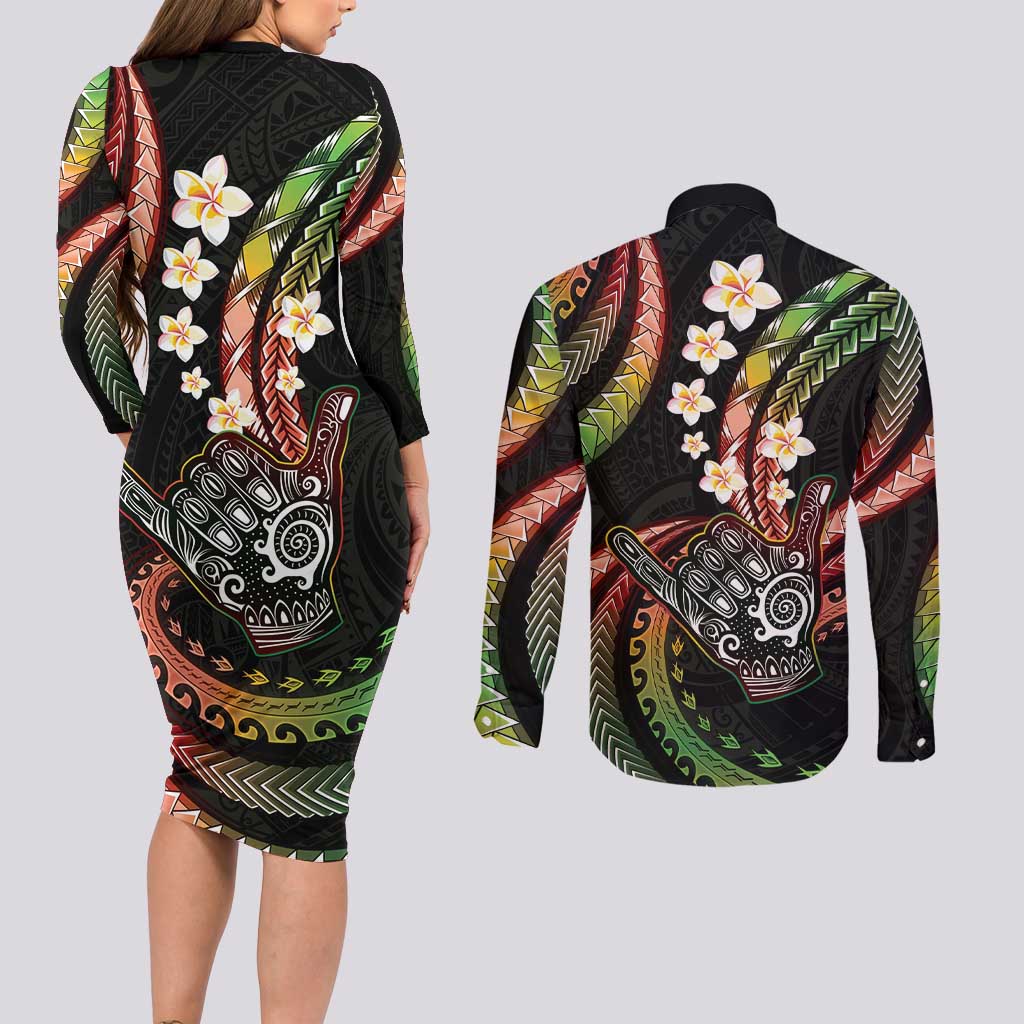 Hawaii Shaka Sign Couples Matching Long Sleeve Bodycon Dress and Long Sleeve Button Shirt Fantastic Frangipani Reggae