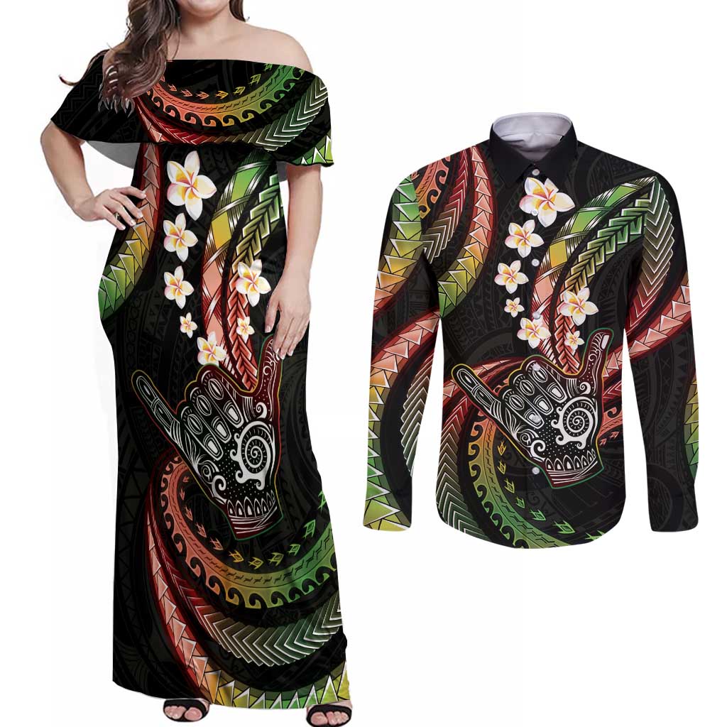 Hawaii Shaka Sign Couples Matching Off Shoulder Maxi Dress and Long Sleeve Button Shirt Fantastic Frangipani Reggae