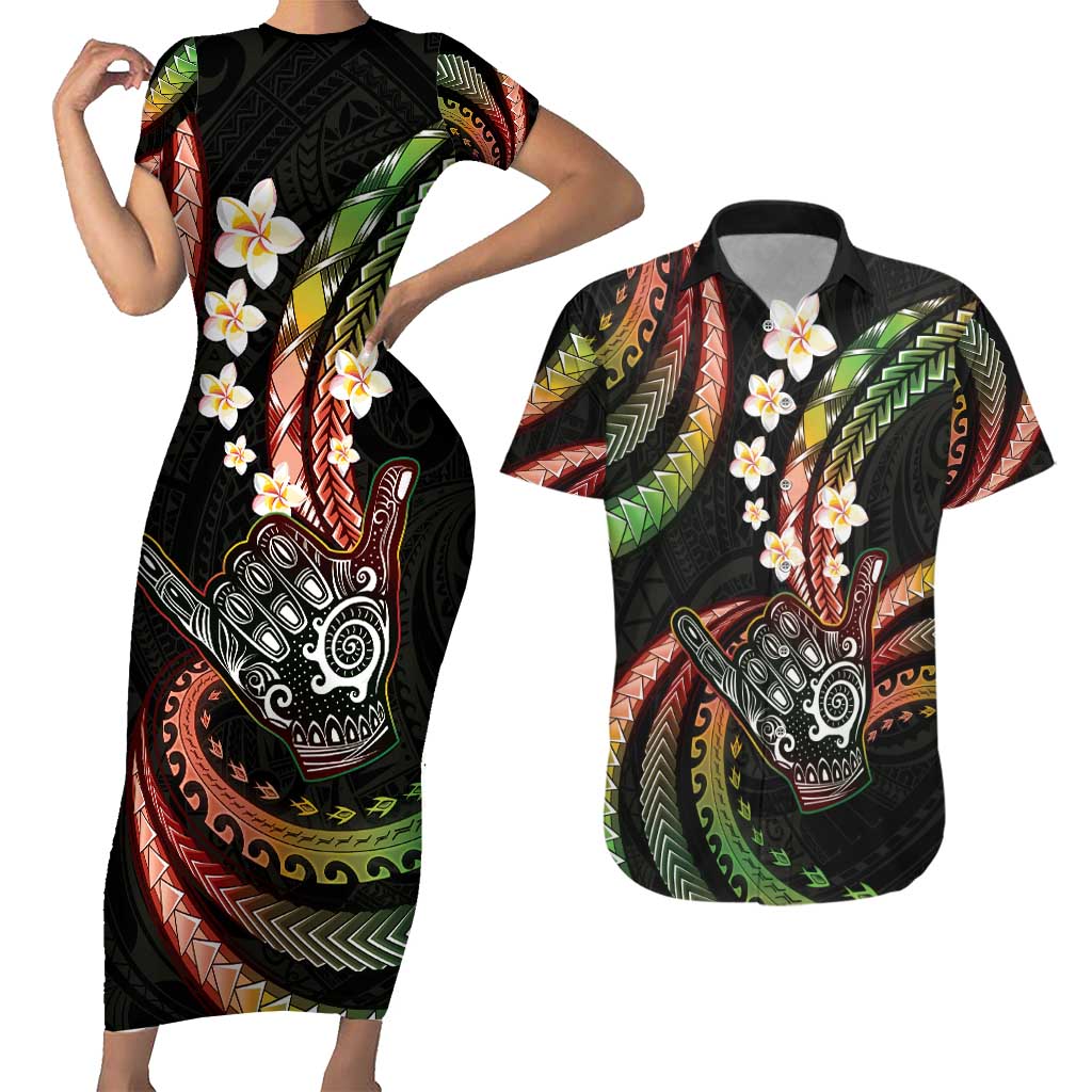 Hawaii Shaka Sign Couples Matching Short Sleeve Bodycon Dress and Hawaiian Shirt Fantastic Frangipani Reggae