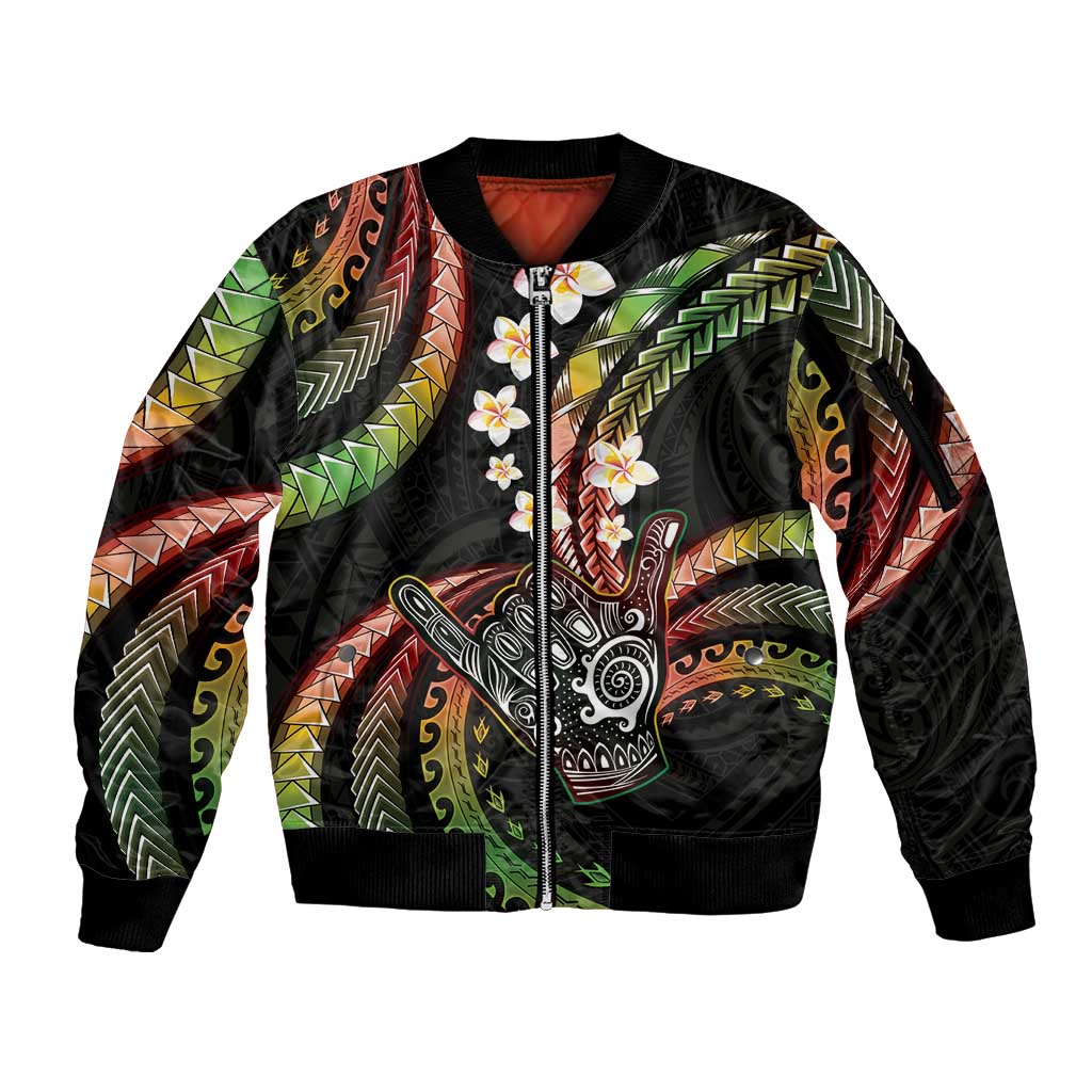 Hawaii Shaka Sign Sleeve Zip Bomber Jacket Fantastic Frangipani Reggae