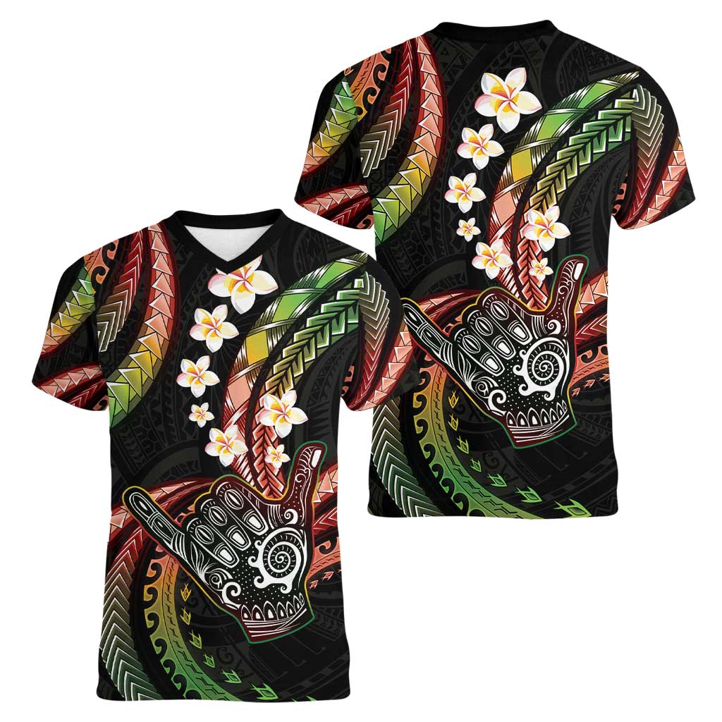 Hawaii Shaka Sign Women V-Neck T-Shirt Fantastic Frangipani Reggae