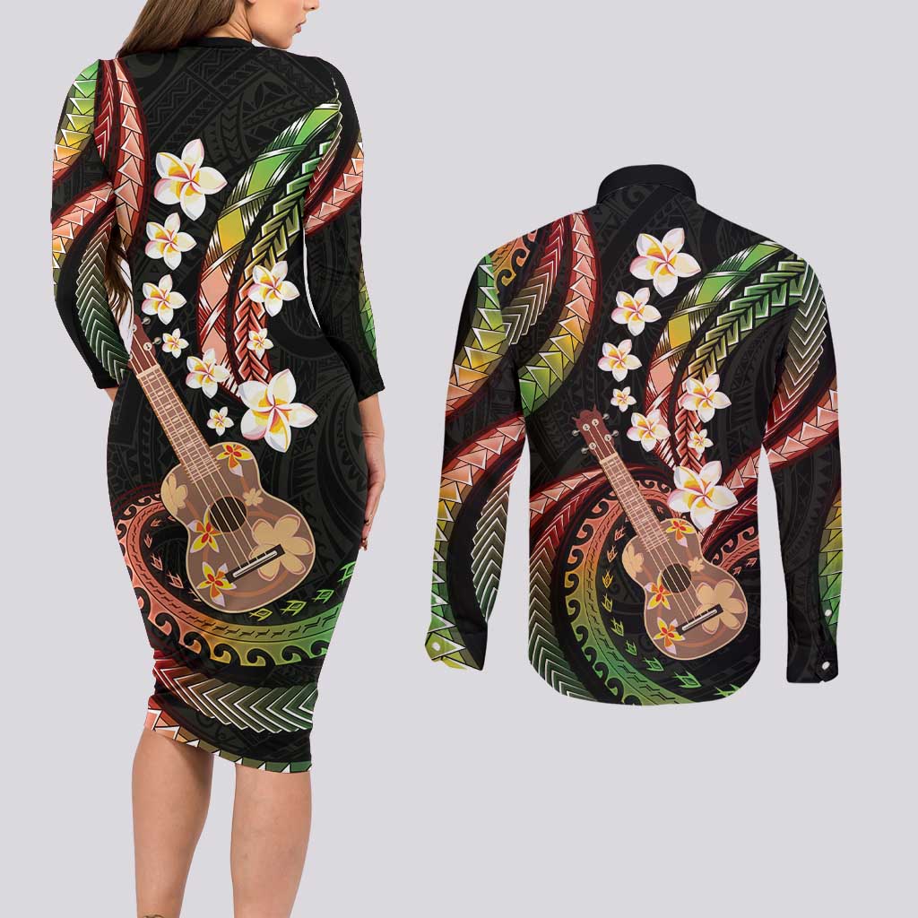 Hawaiian Ukulele Couples Matching Long Sleeve Bodycon Dress and Long Sleeve Button Shirt Jawaiian Fantastic Plumeria
