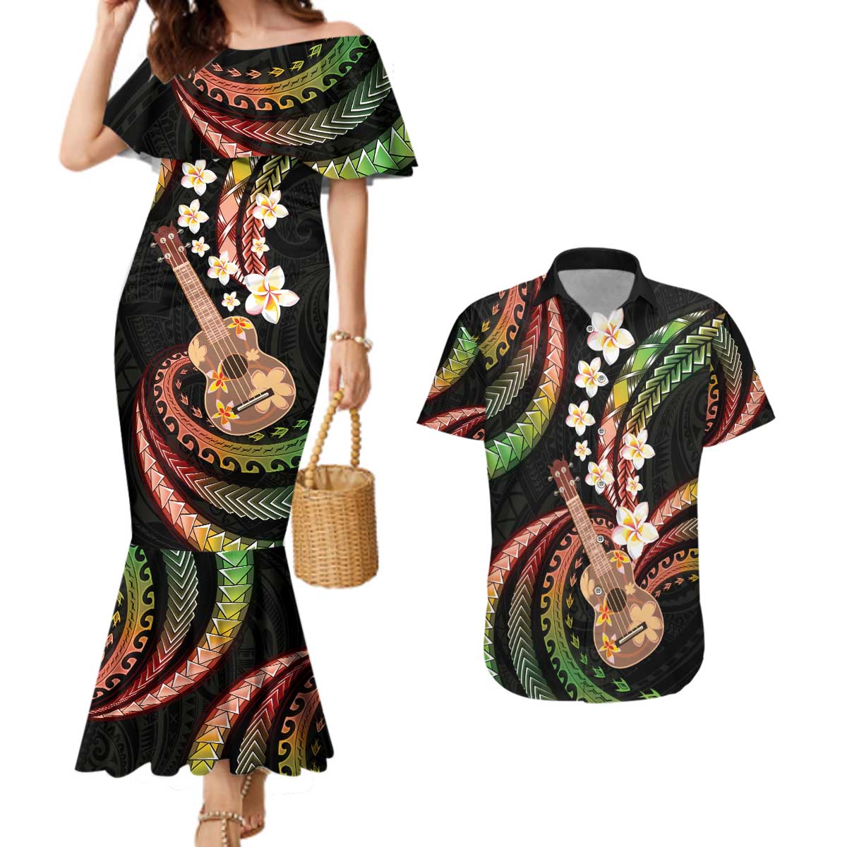 Hawaiian Ukulele Couples Matching Mermaid Dress and Hawaiian Shirt Jawaiian Fantastic Plumeria