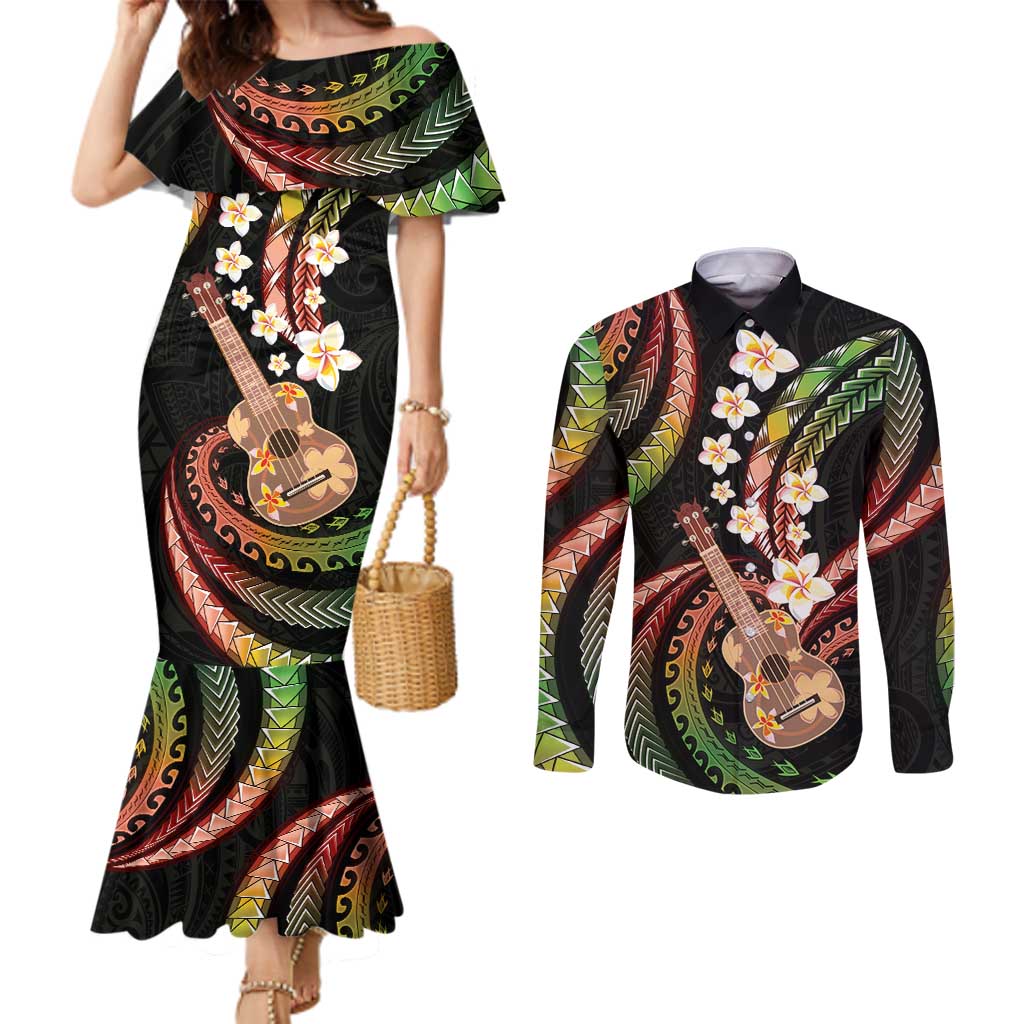 Hawaiian Ukulele Couples Matching Mermaid Dress and Long Sleeve Button Shirt Jawaiian Fantastic Plumeria