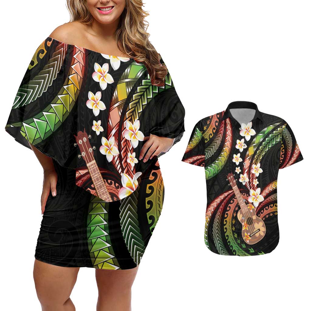 Hawaiian Ukulele Couples Matching Off Shoulder Short Dress and Hawaiian Shirt Jawaiian Fantastic Plumeria
