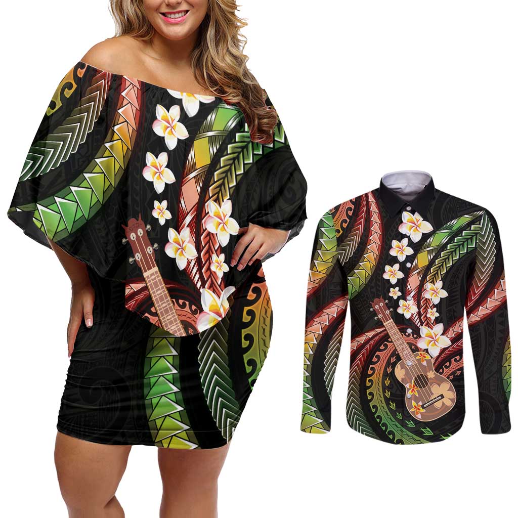 Hawaiian Ukulele Couples Matching Off Shoulder Short Dress and Long Sleeve Button Shirt Jawaiian Fantastic Plumeria