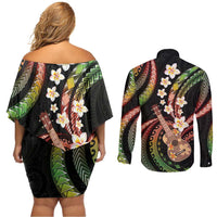 Hawaiian Ukulele Couples Matching Off Shoulder Short Dress and Long Sleeve Button Shirt Jawaiian Fantastic Plumeria